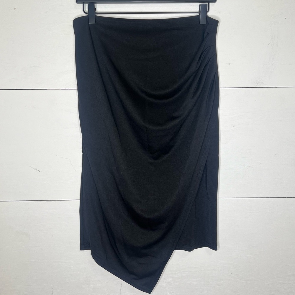 Kate Kasin • Black Asymmetrical Ruched Midi Pencil Skirt Size Large NWT